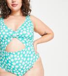 Peek & Beau Curve Exclusive Tie Front Cut Out Swimsuit In Green Texture
