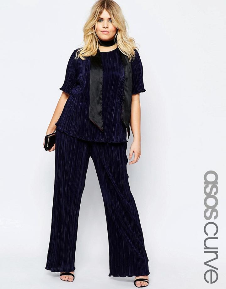 Asos Curve Plisse Pleated Wide Leg Pant - Navy