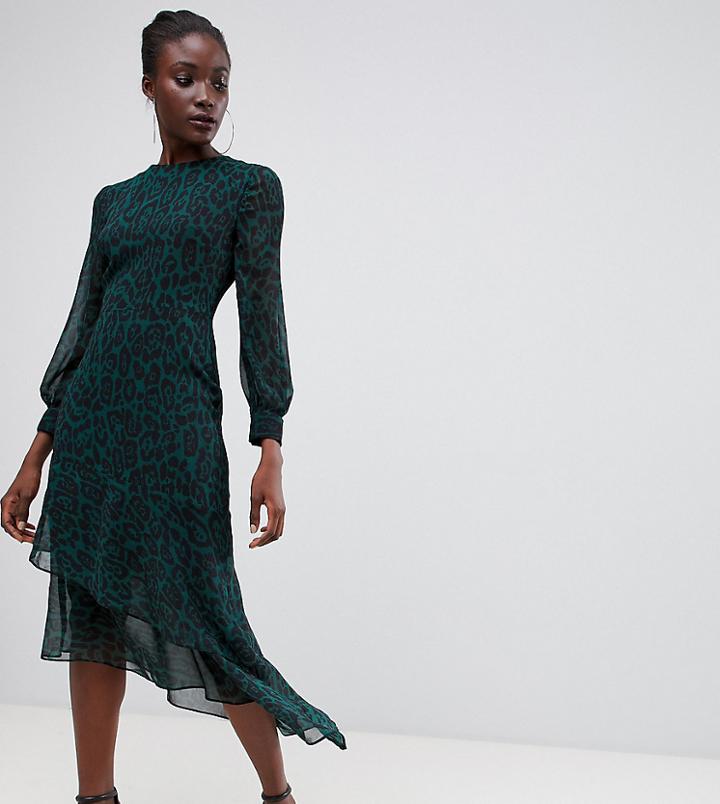 Warehouse Midi Dress With Asymmetric Hem In Green Leopard Print - Green