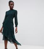 Warehouse Midi Dress With Asymmetric Hem In Green Leopard Print - Green