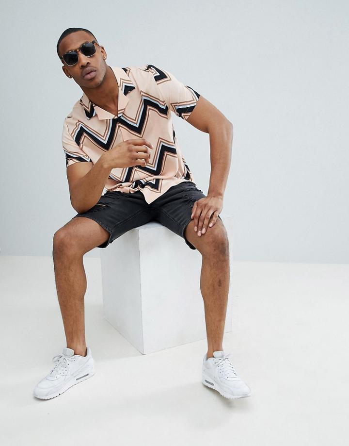 Asos Design Oversized Chevron Stripe Shirt In Pink - Pink