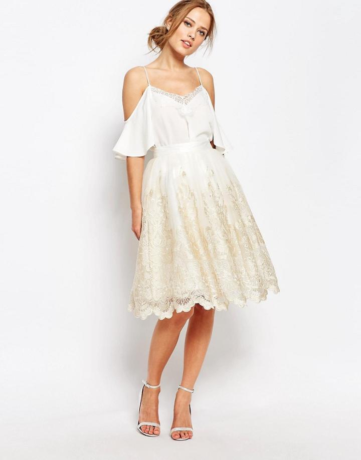 Chi Chi London Premium Metallic Lace Midi Skirt - Cream