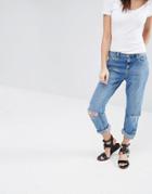 New Look Turn Up Busted Knee Jeans - Blue