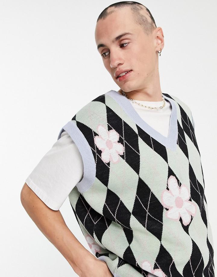 Asos Design Knitted Argyle Tank Top With Floral Pattern-green