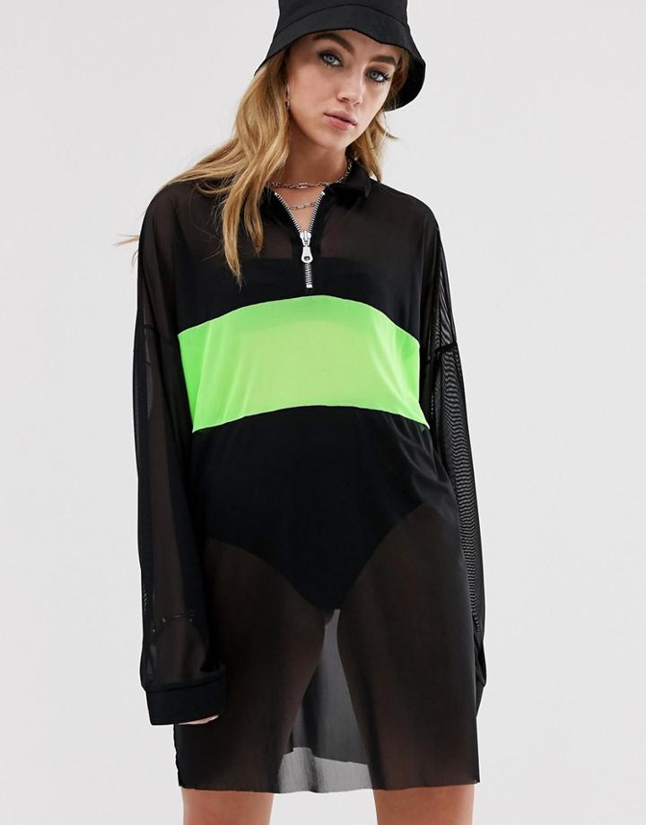 The Ragged Priest T-shirt Dress In Sheer Mesh With Neon Panel - Black