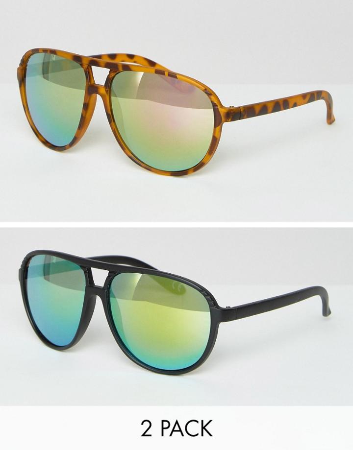 Asos 2 Pack Plastic Aviator Sunglasses With Flash Lens - Multi