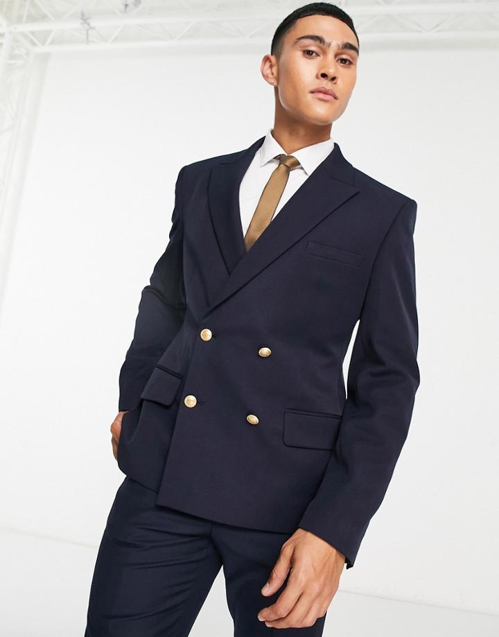Asos Design Wedding Skinny Blazer With Gold Buttons In Navy