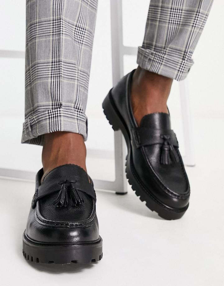 Walk London Sean Chunky Tassel Loafers In Black Milled Leather