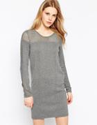 Vila Long Sleeve Sweater Dress With Open Knit Neckline - Medium Gray Melange