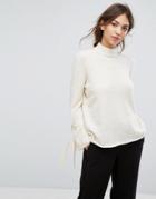 Vila Knitted Sweater With Tie Sleeve - Cream