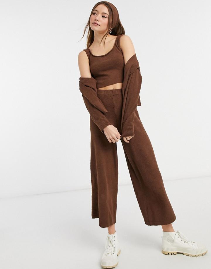 Monki Calah Fluffy Knitted Wide Leg Pants In Brown 4 Piece Set