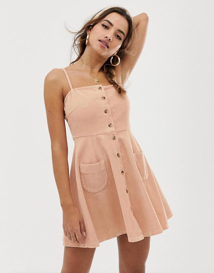 Asos Design Cord Button Through Mini Skater Dress In Blush Pink