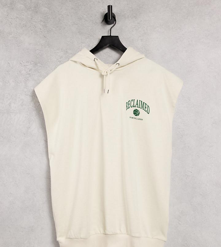 Reclaimed Vintage Inspired Unisex Sleeveless Hoodie With Logo Front Print In Ecru-white