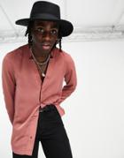 Asos Design Regular Shirt In Textured Satin With Notch Neck In Pink