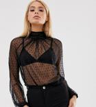 John Zack Tall High Neck Dotty Mesh Top With Balloon Sleeves In Black