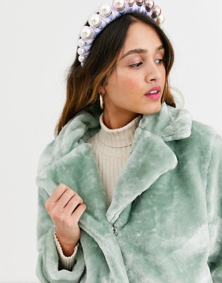 Qed London Faux Fur Coat In Mint-green