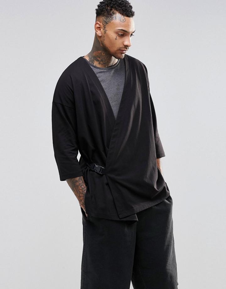 Asos Oversized 3/4 Sleeve T-shirt With Kimono Strap - Black