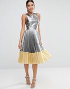 Asos Sheer And Solid Metallic Pleated Midi Dress - Silver