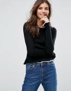 Asos Sweater In Rib With Tipping And Ruffle - Black