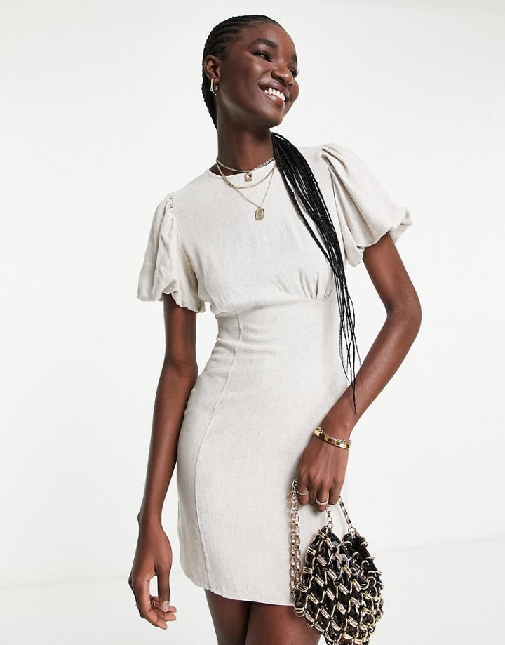Asos Design Puff Sleeve Linen Mini Shift Dress In Stone-neutral