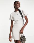 Asos Design Puff Sleeve Linen Mini Shift Dress In Stone-neutral