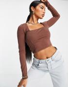Asos Design Square Neck Crop Top With Seam Detail In Brown