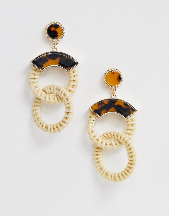 Asos Design Earrings In Rattan And Tortoiseshell Design In Gold - Brown