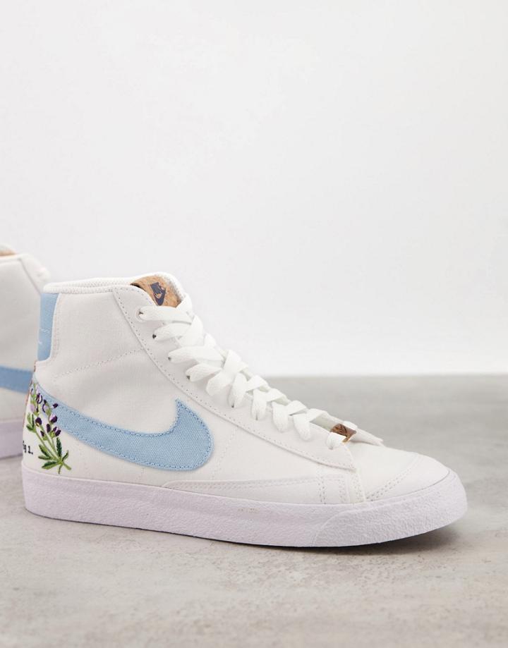 Nike Blazer Mid 77 Move To Zero Sneakers In White And Blue With Floral Embroidery-blues
