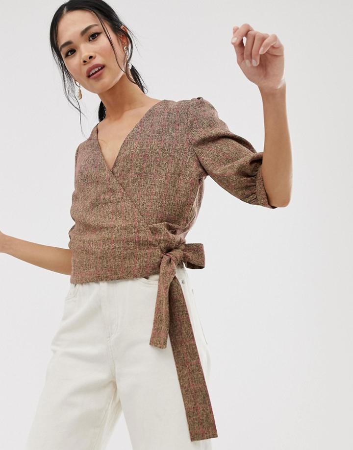 Gestuz Ditte Tie Wrap Check Blouse-beige