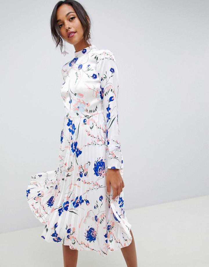 Asos Design Pleated Midi Dress With Fluted Sleeve In Floral Print - Multi