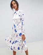 Asos Design Pleated Midi Dress With Fluted Sleeve In Floral Print - Multi
