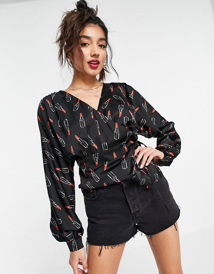 Liquorish Wrap Blouse In Satin Black Print