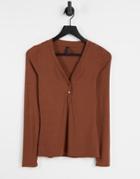 Y.a.s Long Sleeve T-shirt With Button Detail In Rust-orange