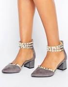 Daisy Street Stud Ankle Strap Mid Heeled Shoes - Gray