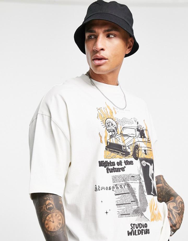 Asos Design Oversized T-shirt In Beige With Front Cartoon Skulls & Car Print-gray