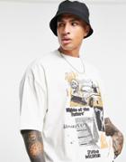 Asos Design Oversized T-shirt In Beige With Front Cartoon Skulls & Car Print-gray