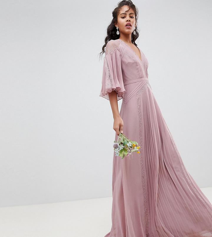 Asos Design Tall Bridesmaid Pleated Paneled Flutter Sleeve Maxi Dress With Lace Inserts - Pink