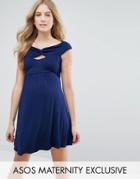 Asos Maternity Twist Front Bardot Skater Dress - Navy