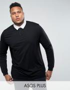 Asos Plus Longline Long Sleeve Rugby Polo Shirt In Black - Black