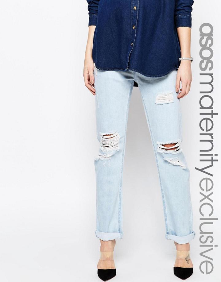Asos Maternity Slim Boyfriend Jean In Light Wash With Over The Bump Waistband - Blue