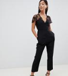 Asos Design Petite Jumpsuit With Lace Detail & Tapered Leg - Black