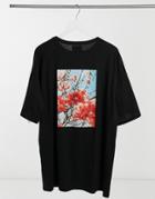 Sixth June Oversized Drop Shoulder Floral Back Print T-shirt In Black