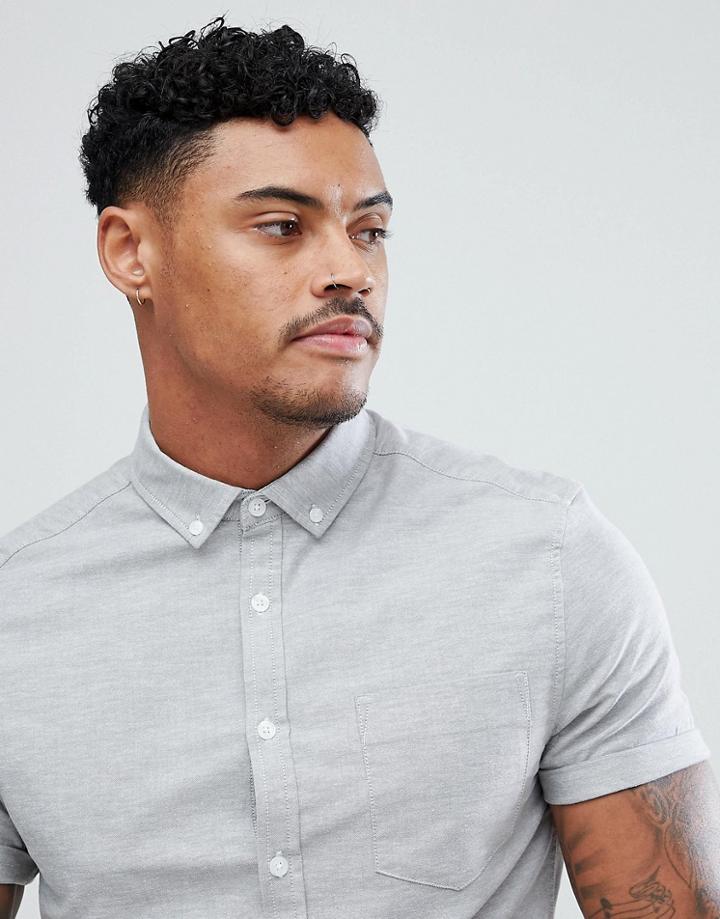 Asos Casual Stretch Skinny Short Sleeve Oxford In Light Gray - Gray