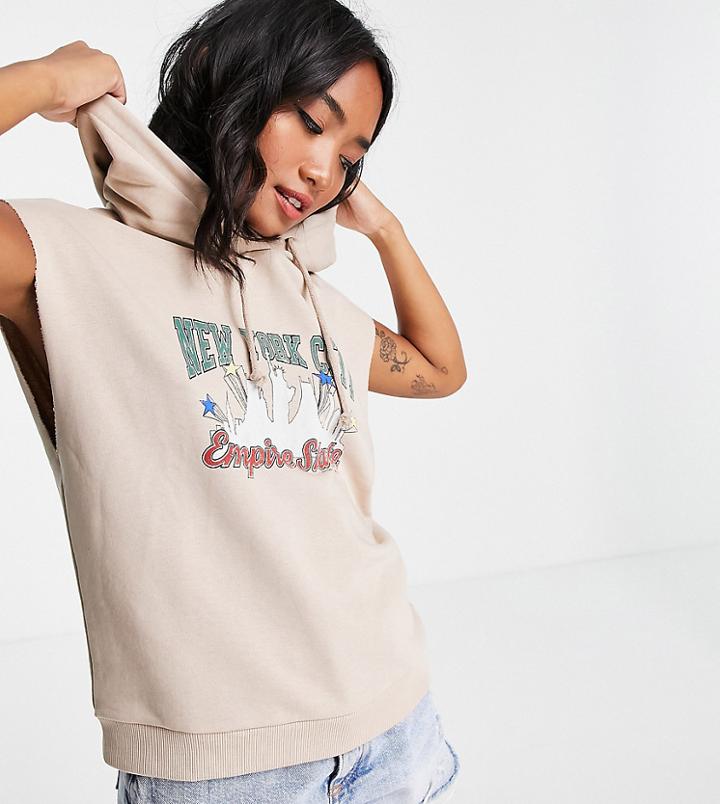 Topshop Petite Nyc Logo Sleeveless Hoodie In Beige-grey