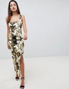 Asos Design Chain Print Square Neck Scuba Maxi Dress With Thigh Split - Multi