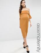 Asos Maternity Fluted Sleeve Midi Bodycon Dress In Texture - Yellow