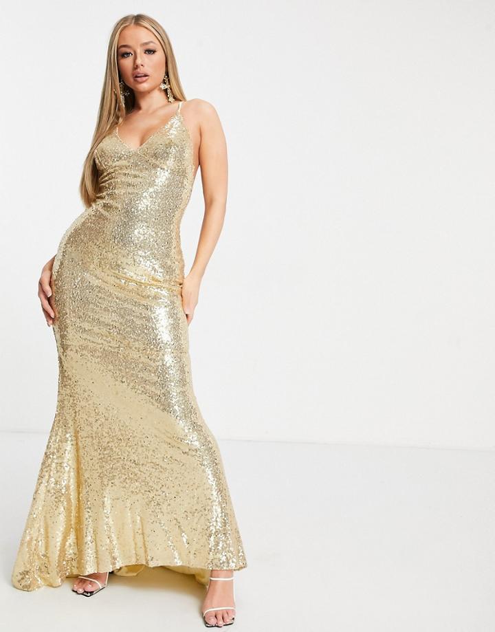 Club L Low Back Sequin Cami Maxi Dress With Fishtail In Gold