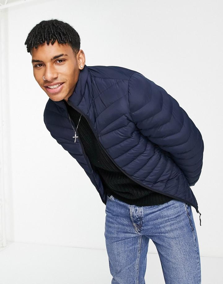Threadbare Funnel Neck Puffer Jacket In Navy