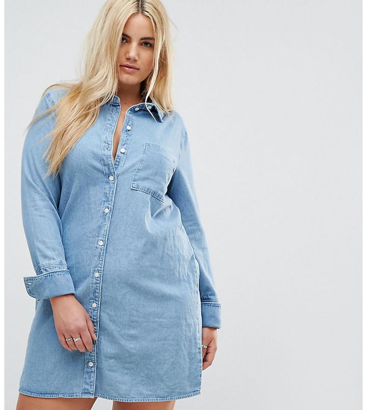 Asos Curve Denim Shirt Dress With Deep Cuff Detail - Blue