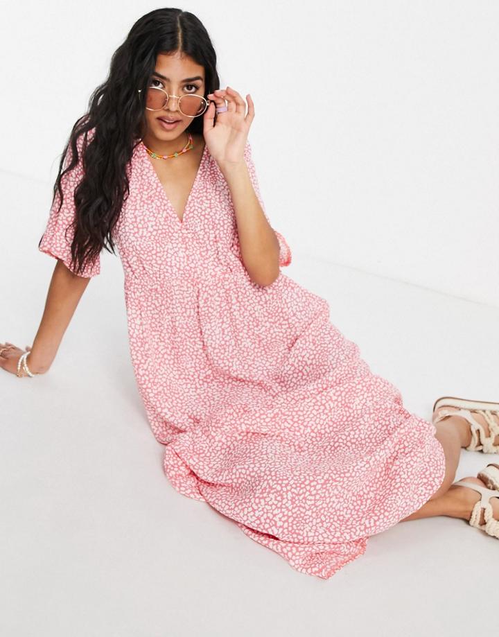 Nobody's Child V Neck Midi Tea Dress In Pink Ditsy Floral